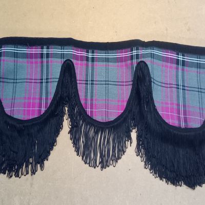 9 Scoop Dutch style pink tartan pelmet with black looped string trim Whiterig Truck Curtains