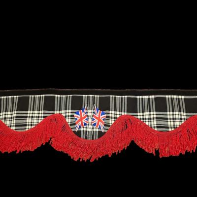 Menzies black tartan truck pelmet with bold red fringe trim, and embroidered Union Jack flags. Whiterig Truck Curtains